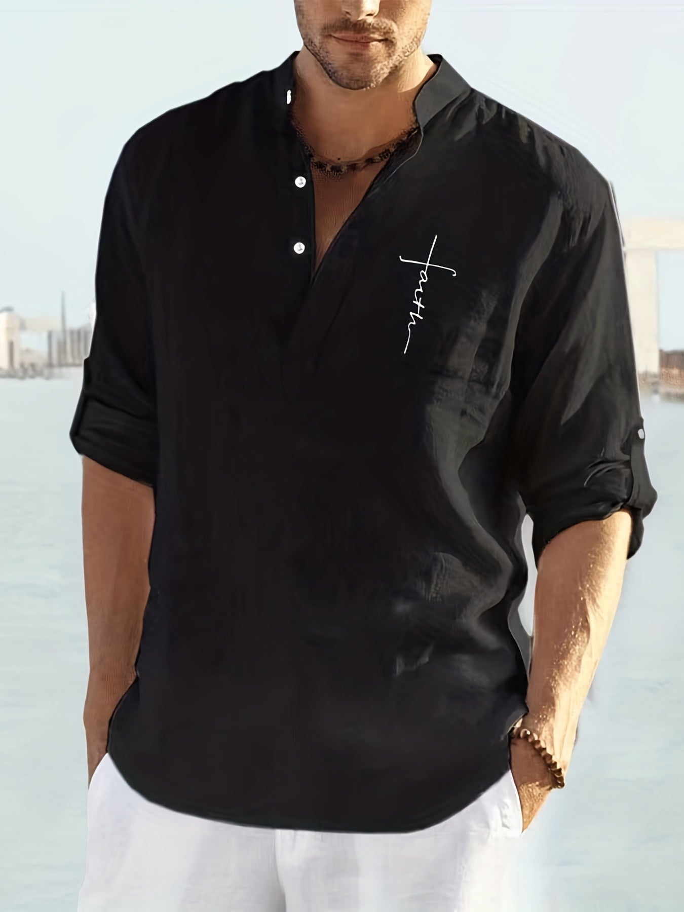 Men's Casual Faith Print T Shirt Long Sleejsons Casual V Neck Shirts