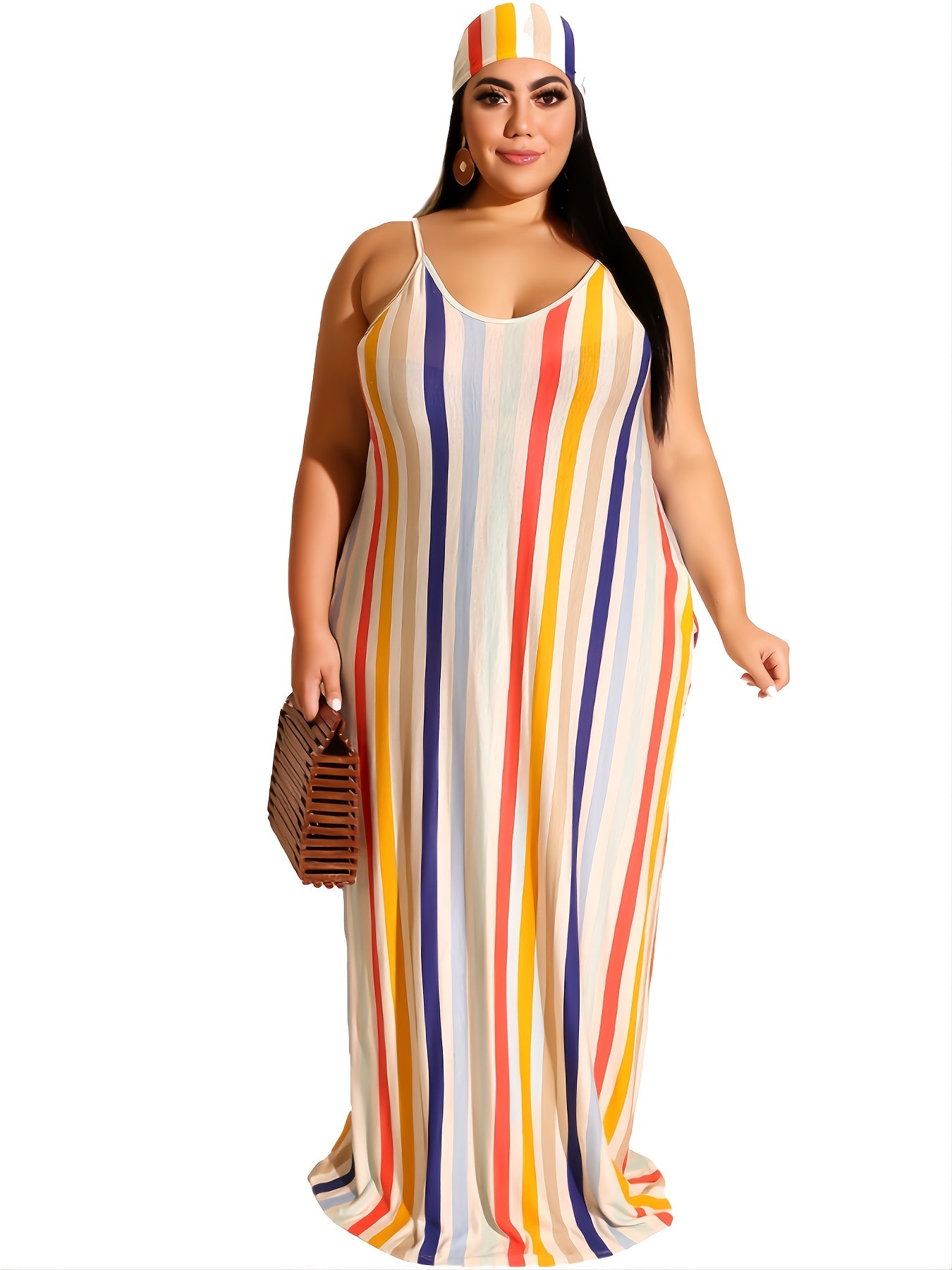 Colorful Striped Loose Fit Cami Dress With Belt Women's Plus Long Dress