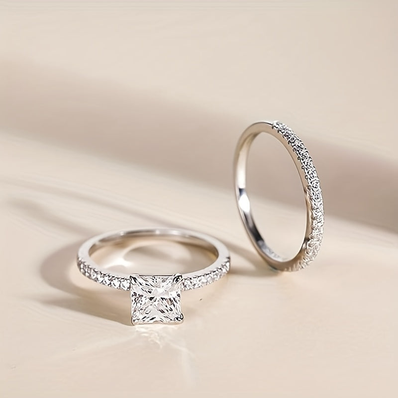 Moissanite Sterling Silver Bridal Ring Set - Princess Cut CZ Engagement Rings