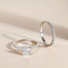 Moissanite Sterling Silver Bridal Ring Set - Princess Cut CZ Engagement Rings
