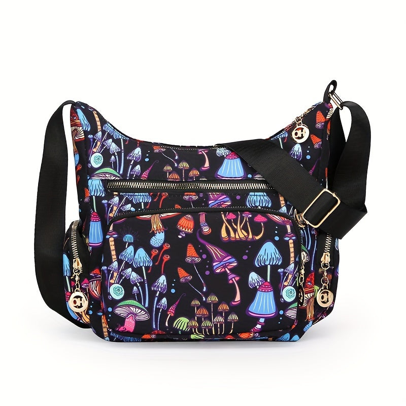 Fashionable Crossbody Handbag Floral & Mushroom Prints Adjustable Strap