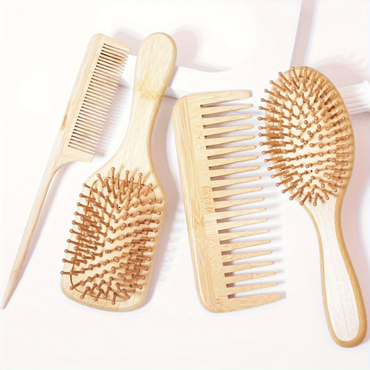 4-Piece Wooden Bristle Hair Brushes & Combs Set for Men and Women