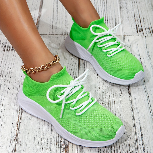 Women's Lace Up Knit Sneakers Green Lightweight Running Shoes