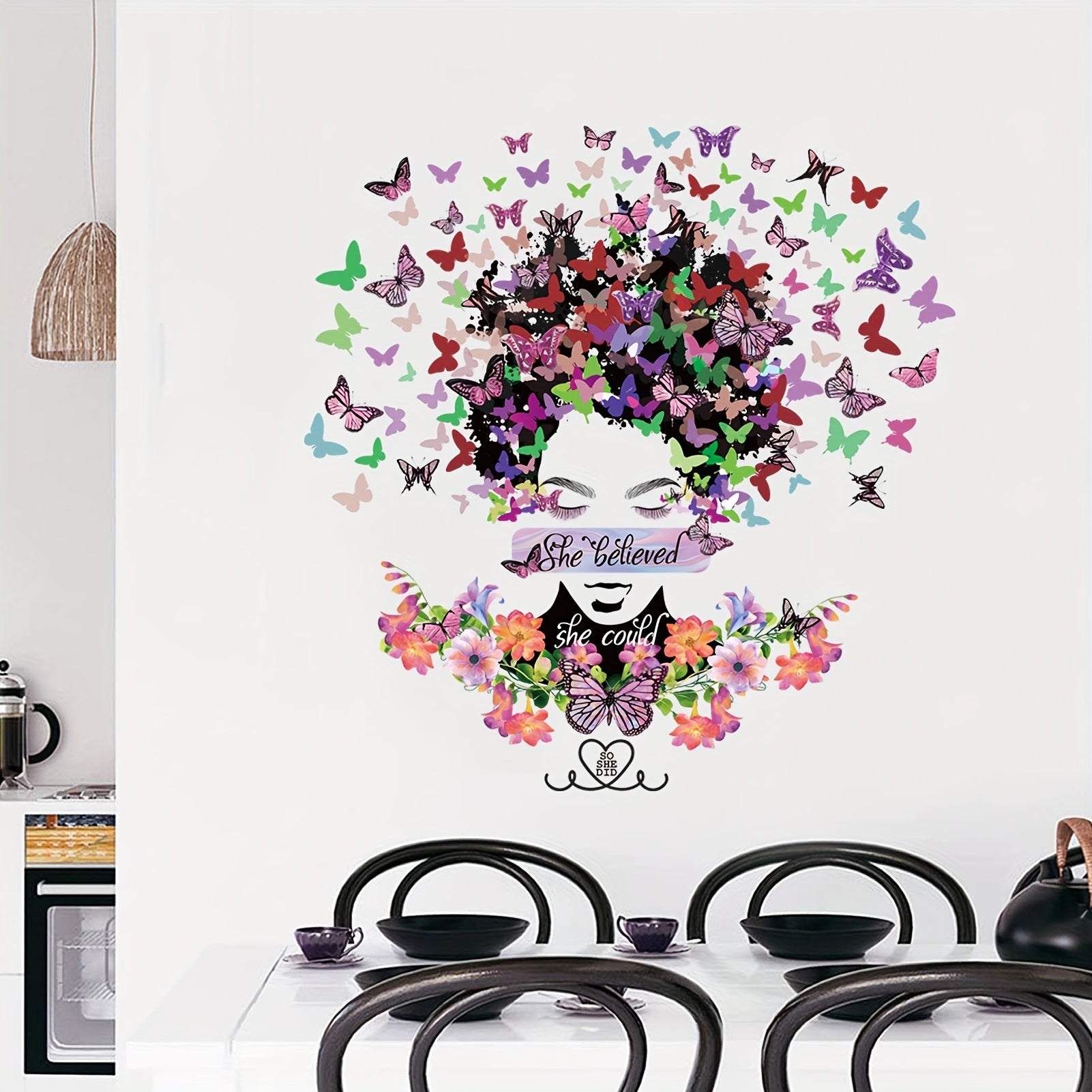 Lady Wall Sticker Butterfly Green Leafs Wall Decal