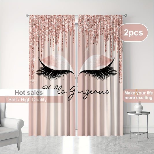 Large Eyelash Printed Curtain Rod Pocket Curtains - 2pc Home Decor