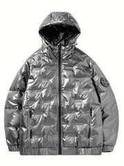 Men's Lightweight Hooded PU Puffer Jacket for Winter