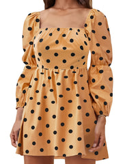  Off Shoulder Dot Print Puff Sleeve A line Mini Dress