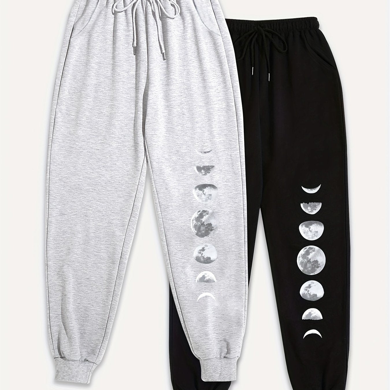 Moon Print Plus Size Joggers Set - Elastic Drawstring Fitness Pants