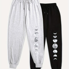 Moon Print Plus Size Joggers Set - Elastic Drawstring Fitness Pants