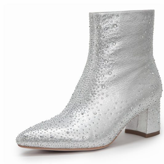 Women's Rhinestone Short Boots Point Toe Chunky Heel Dress Boots