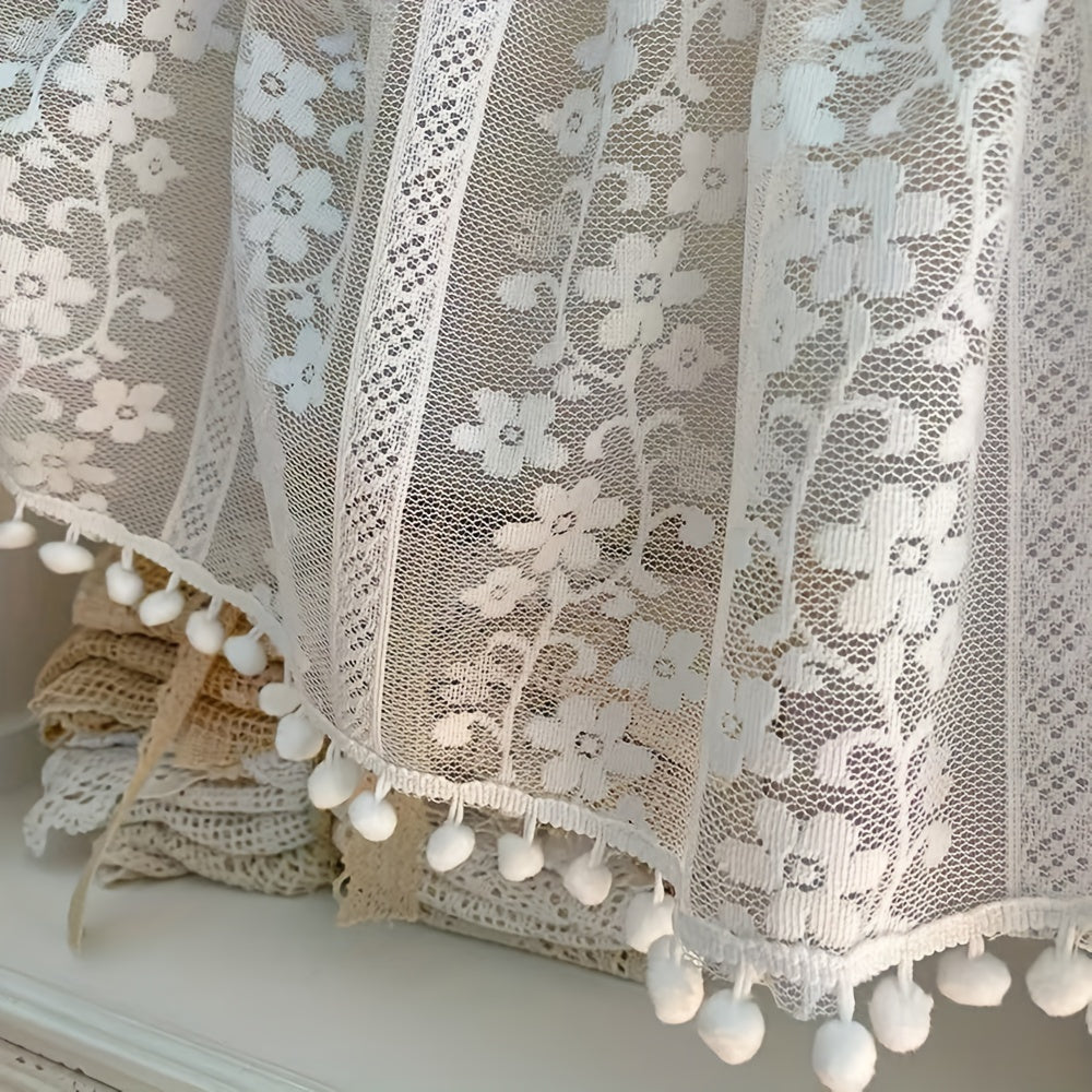 Short Sheer Floral Curtain with Pom Poms - Home Decor