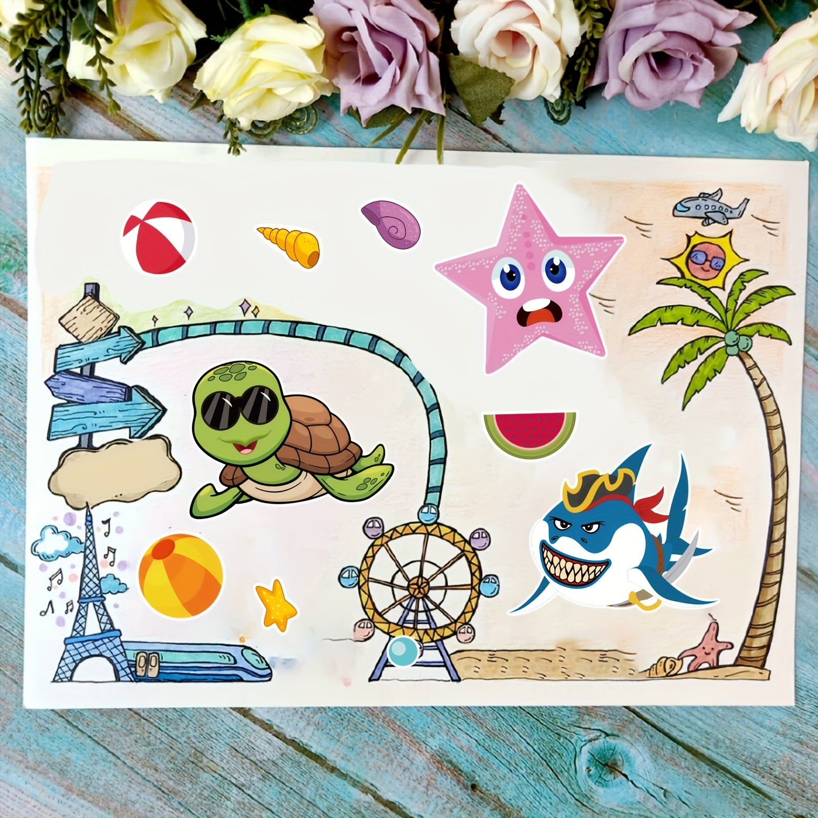 Ocean Adventure Stickers - Marine Life Cartoons with Red Pattern