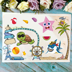 Ocean Adventure Stickers - Marine Life Cartoons with Red Pattern