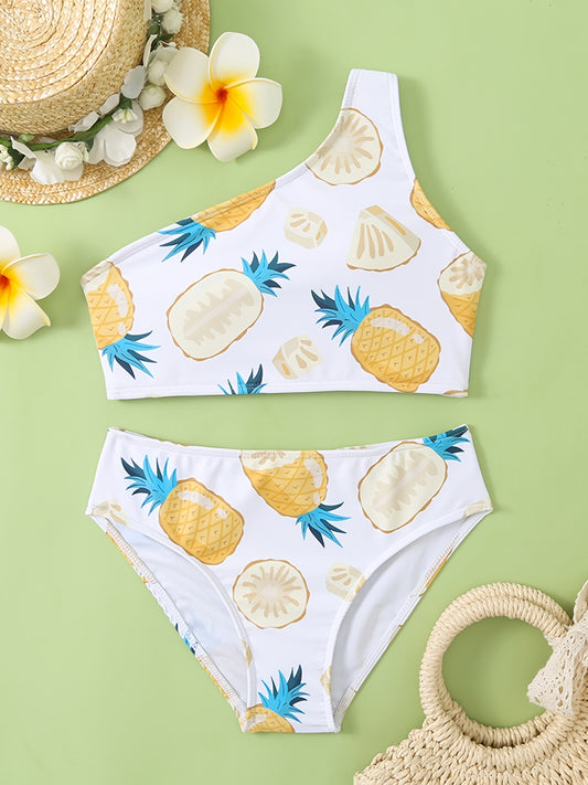 2pcs Pineapple Cold Shoulder Swimsuit Girls