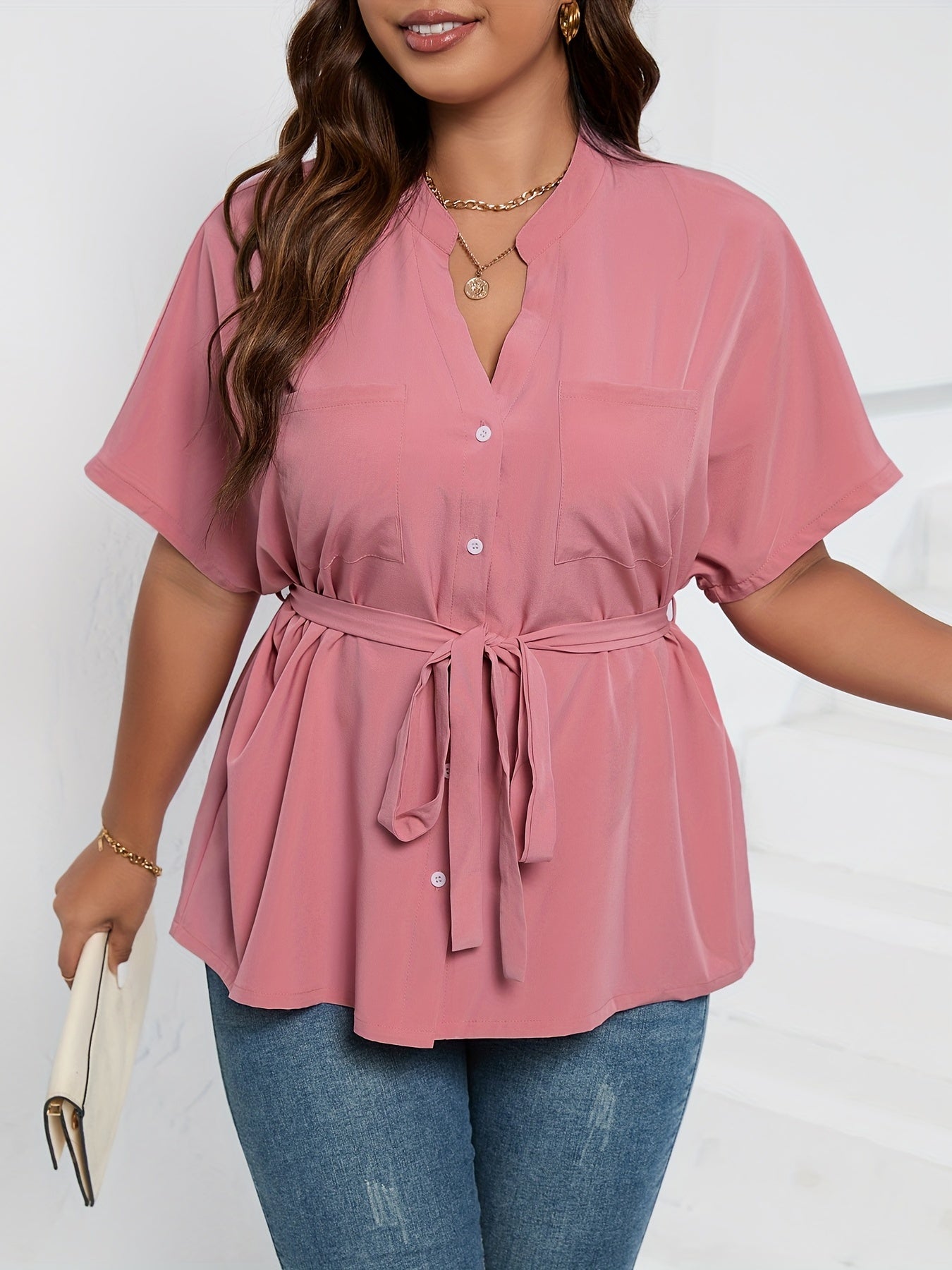  Solid Short Sleeve Blouse with Belted Top