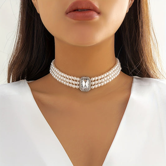 Beaded Faux Gemstone Pearl Choker Necklace Women's Party Jewelry