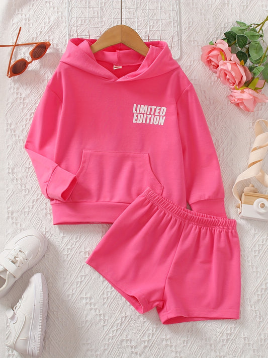 Girl's 2pcs Pocket Front Hoodie & Shorts Set EDITION Print Casual Outfits