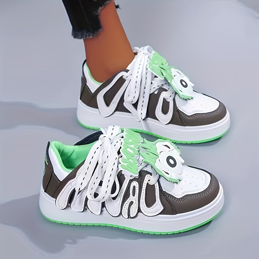 Retro Cartoon Letter Pattern Skate Shoes Lace Up Non slip Sneakers