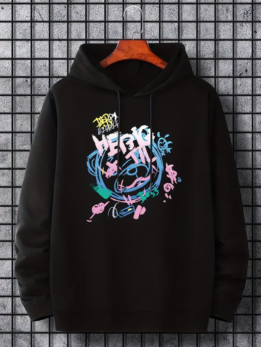 Men's Graffiti Bear Graphic Hoodie Casual Drawstring Hooded Sweatshirt