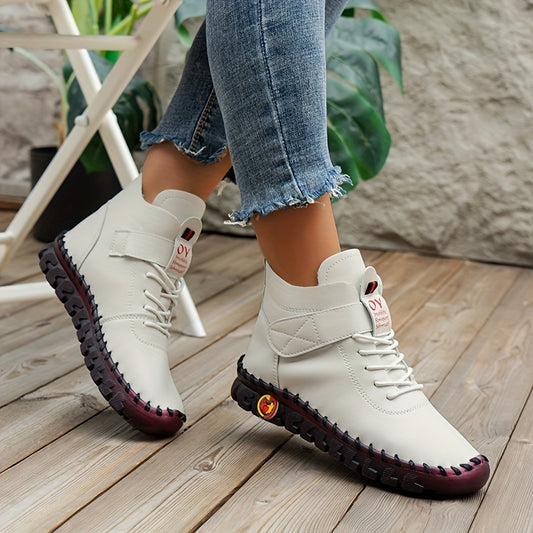 Women's Lace Up Faux Leather Boots Plush Lined Stylish Hook & Loop