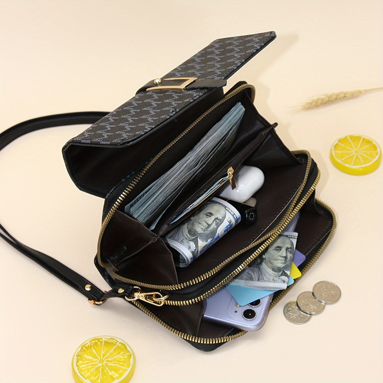 Letter Print Crossbody Bag Double Zipper Wallet Mobile Coin Purse