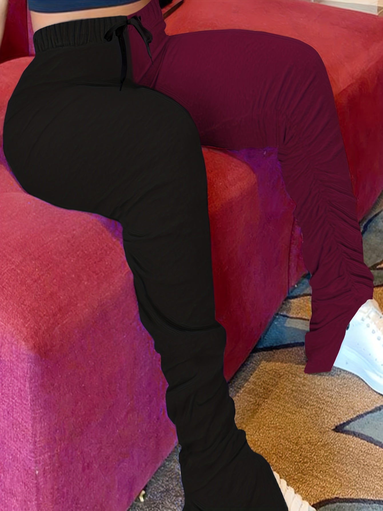  Colorblock Elastic Drawstring Ruched Leggings