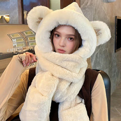 Women's Plush Bear Head Hat Scarf Gloves Set for Winter