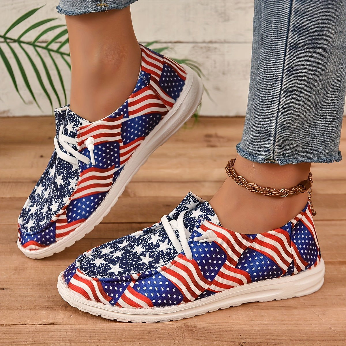 Women's Flag Pattern Shoes Lace Up Low Top Lightweight Casual Flat Shoes