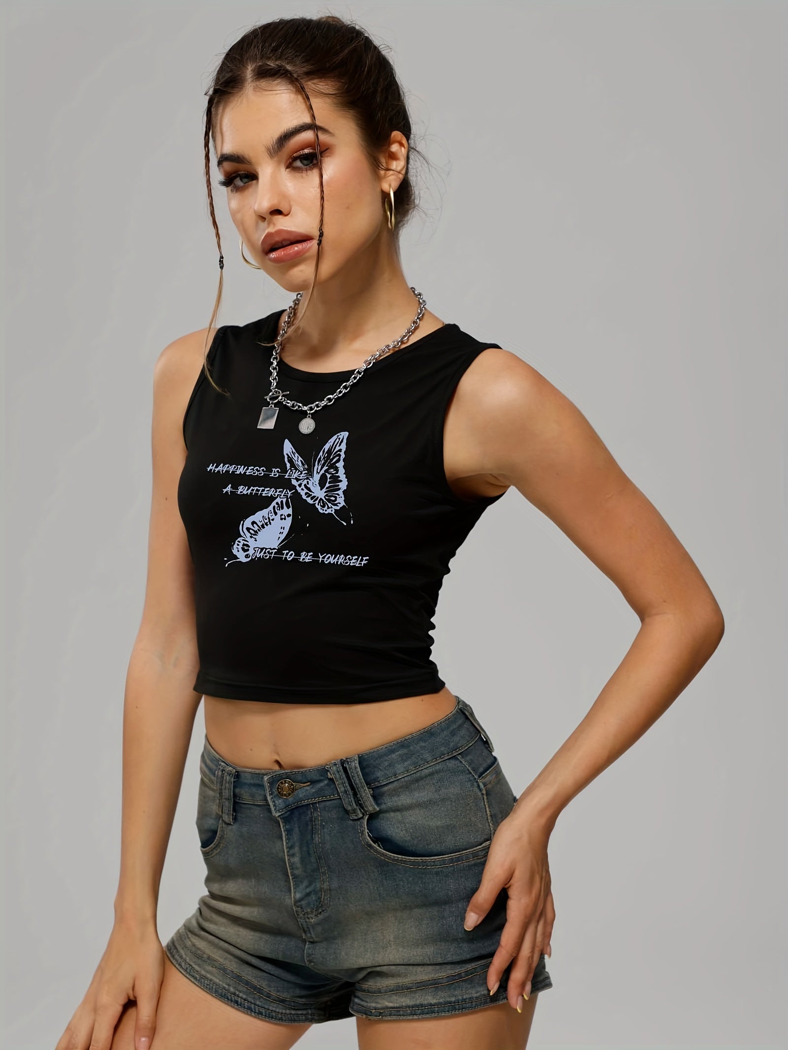 Butterfly Print Sleeveless Crop Top