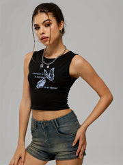Butterfly Print Sleeveless Crop Top