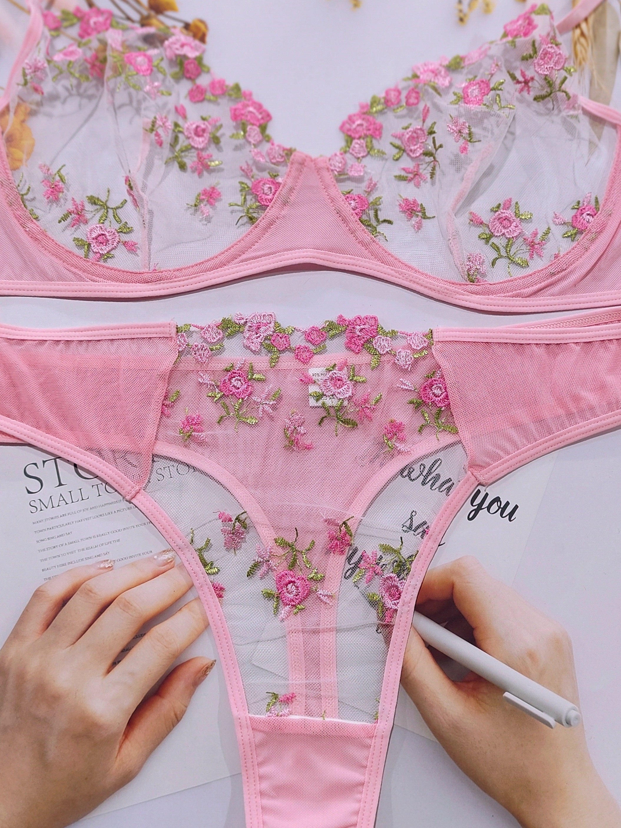  Floral Embroidered Mesh Bra & Panty Lingerie Set