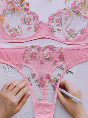  Floral Embroidered Mesh Bra & Panty Lingerie Set