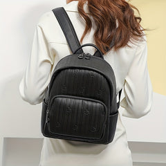 Mini Stripes Embossed Backpack Faux Leather Solid Rucksack For Travel Work