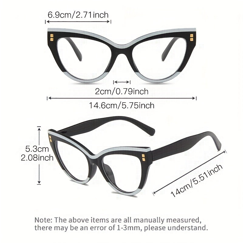 Cat Eye Clear Lens Glasses For Women Men Casual Rivet Decor Anti Light Glasses