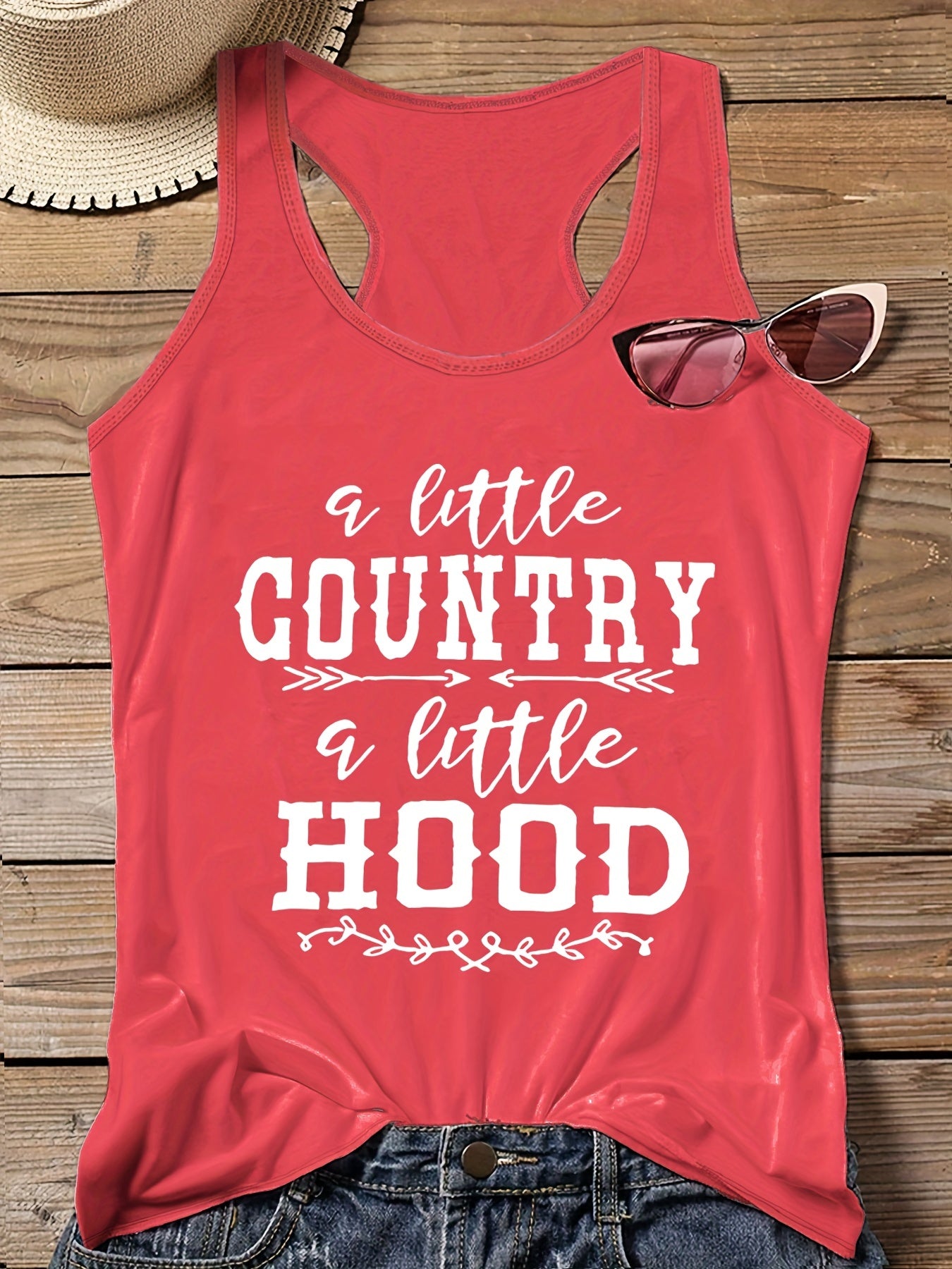  Art Letter Print Tank Top Round Neck Stretch Vest