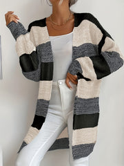  Colorblock Long Sleeve Open Front Cardigan