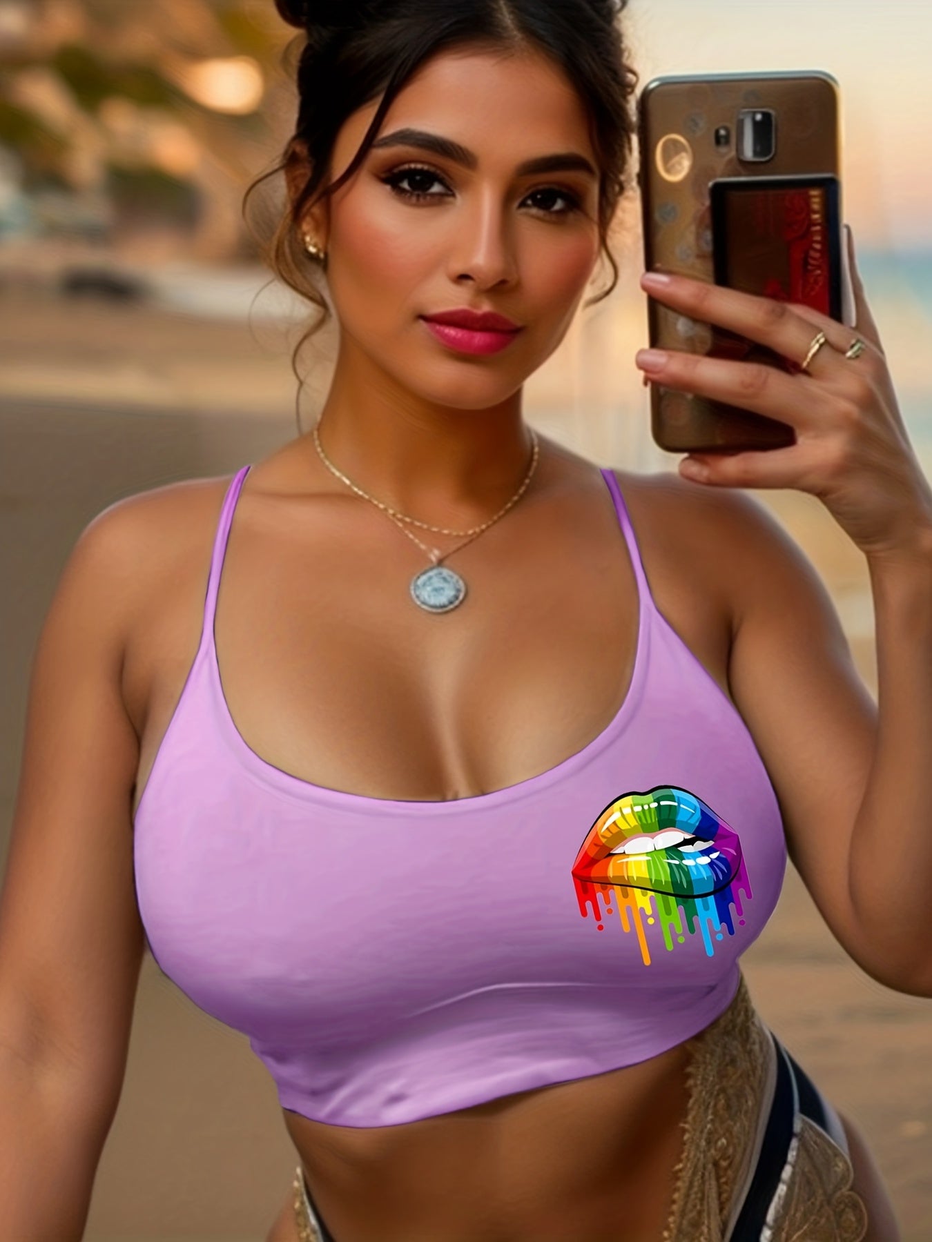 Rainbow Lips Print Cami Sleep Tops Sexy Crew Neck Sleeveless Top