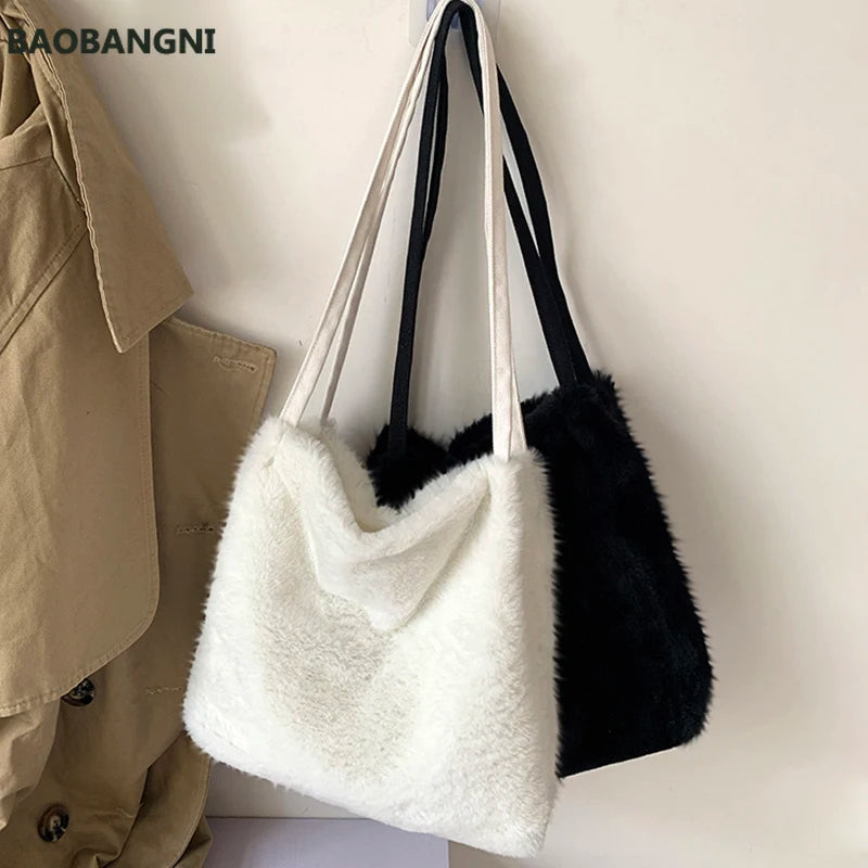 Fluffy Shoulder Handbag for Women Faux Fur Tote Shopper