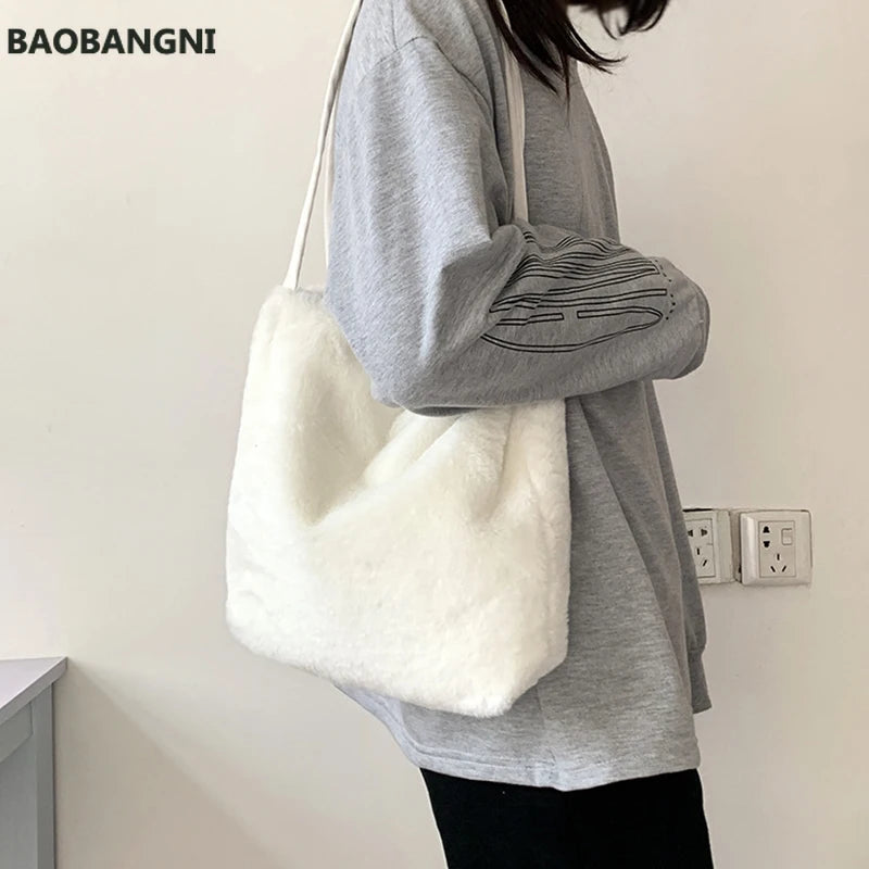 Fluffy Shoulder Handbag for Women Faux Fur Tote Shopper
