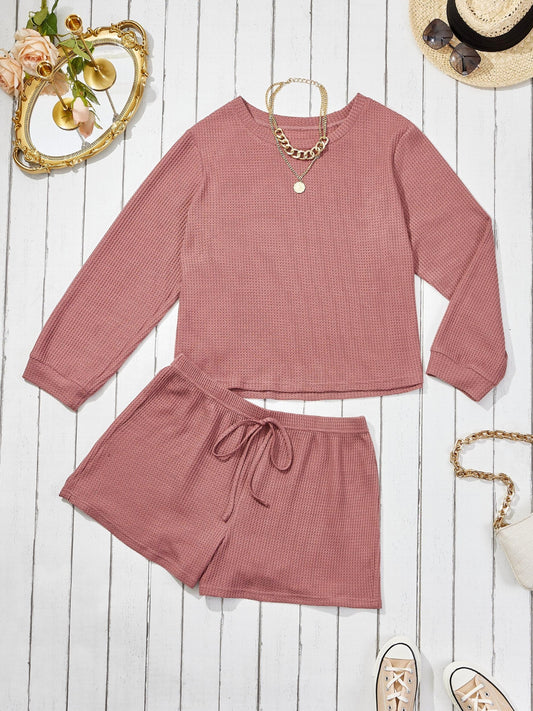  Waffle Pattern Long Sleeve Top & Shorts 2 Piece Set