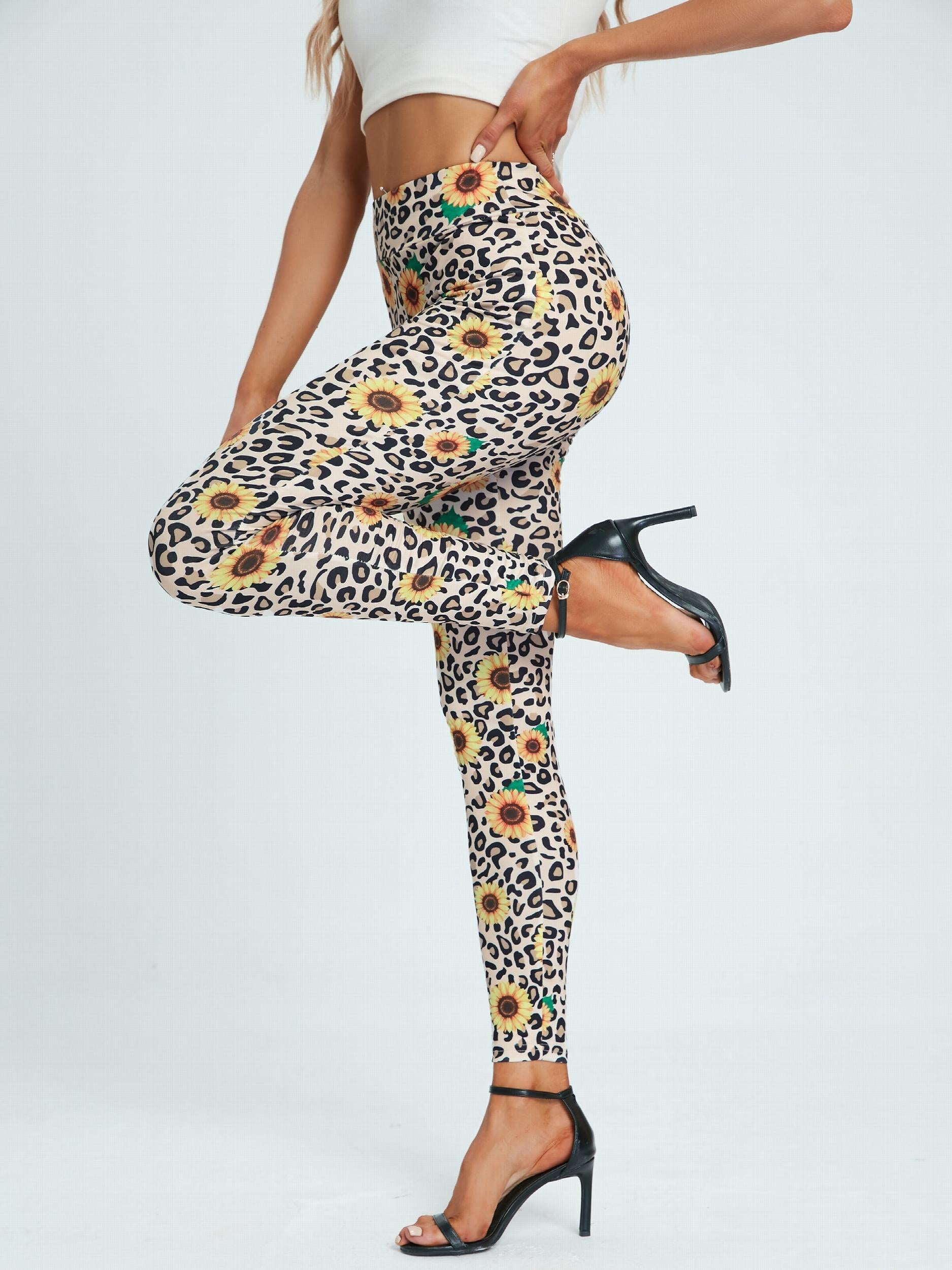 Leopard & Sunflower Print Leggings Stretchy Women's Clothing