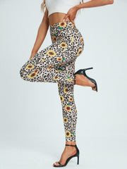 Leopard & Sunflower Print Leggings Stretchy Women's Clothing