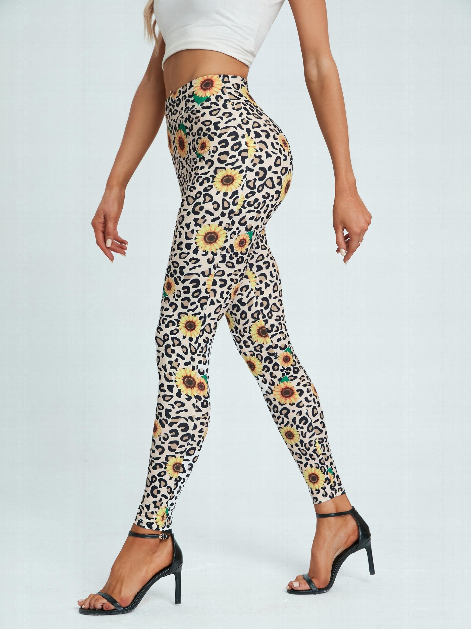 Leopard & Sunflower Print Leggings Stretchy Women's Clothing