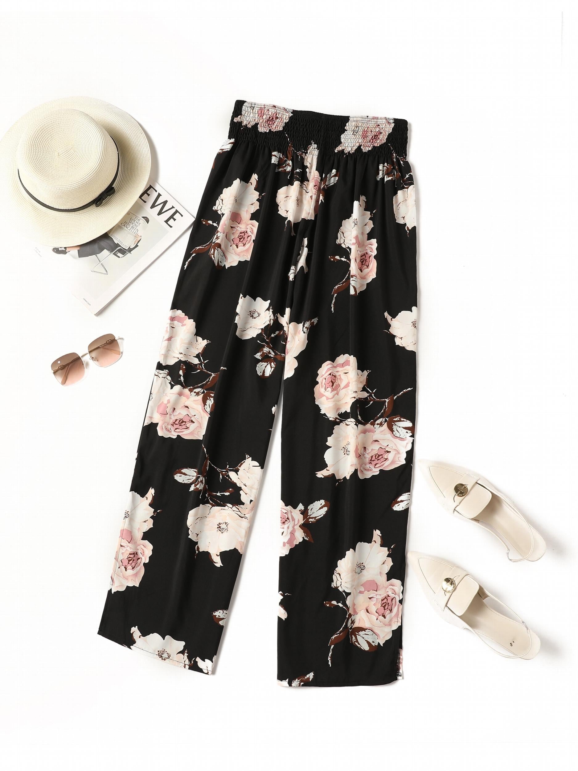 Women's Plus Floral Print Drawstring Wide Leg Pants