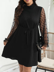  Ribbed Mesh Flounce Sleeve Tie Front Knee Length Dress