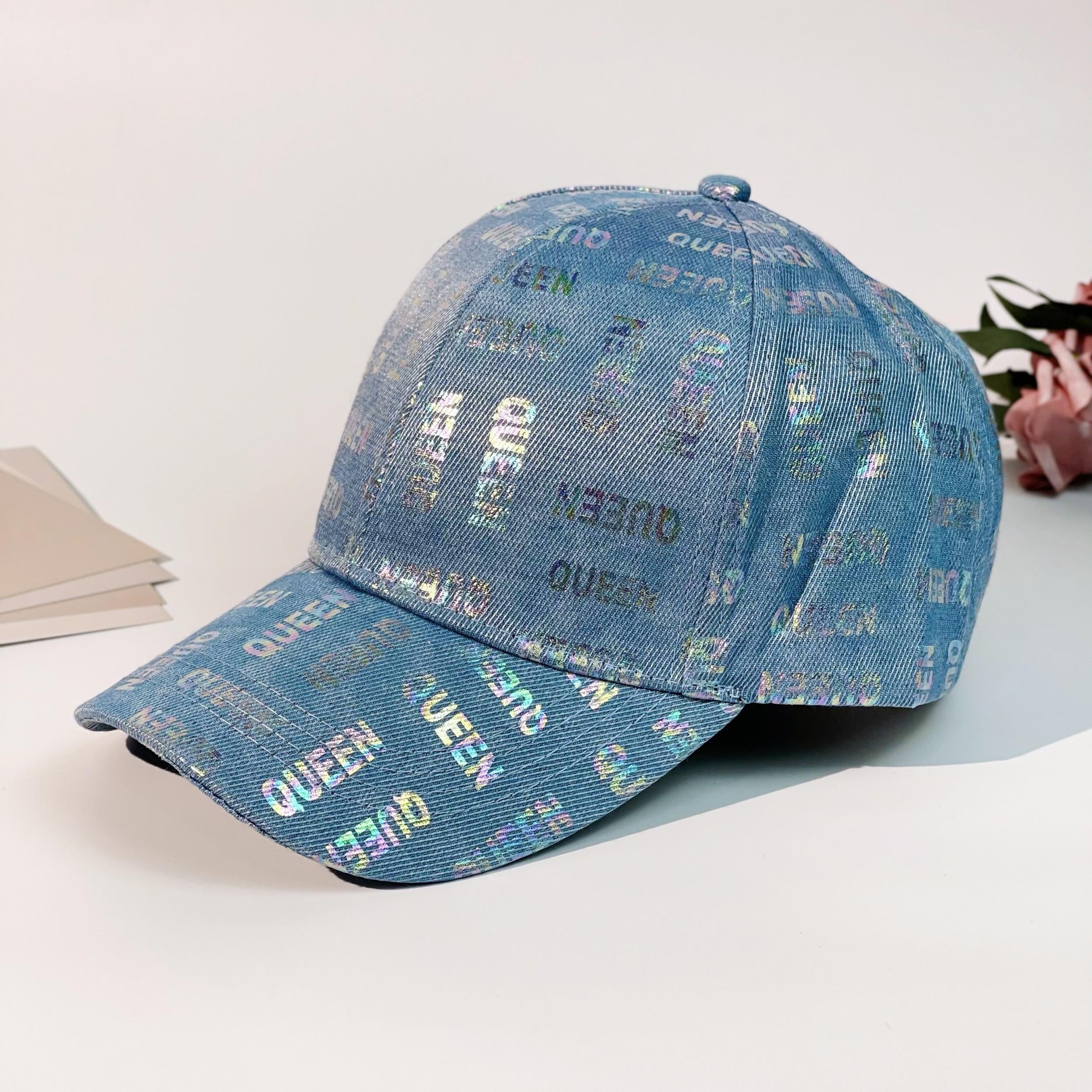 Laser QUEEN Print Baseball Cap Light Washed Sun Hat for Women