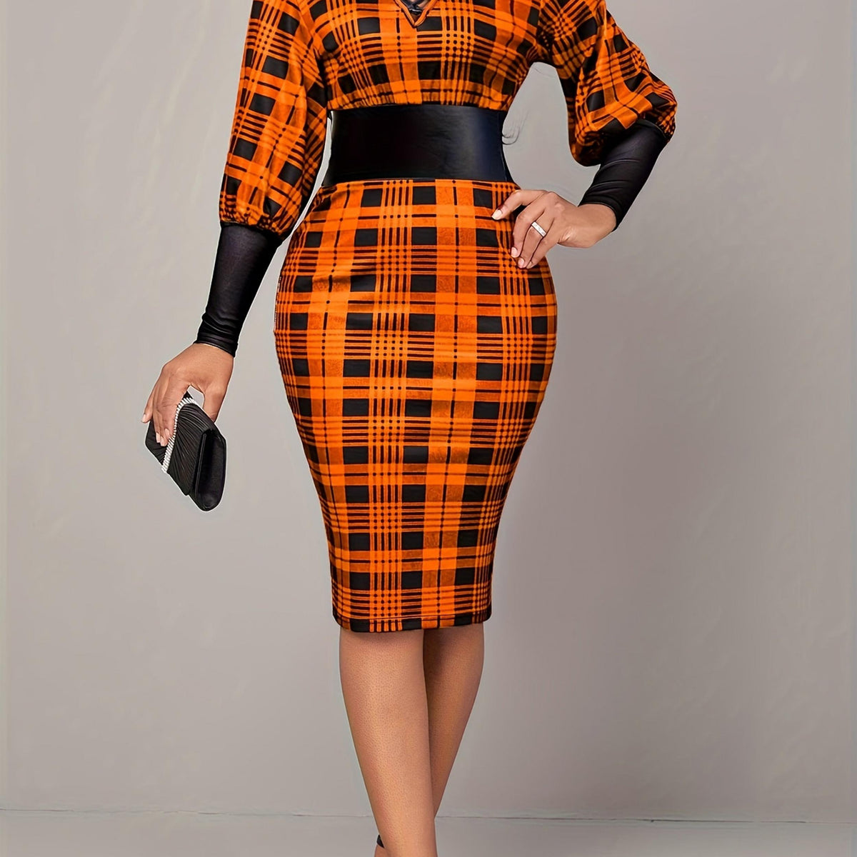  Colorblock Plaid Print Lace Up Lantern Sleeve Dress