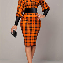  Colorblock Plaid Print Lace Up Lantern Sleeve Dress