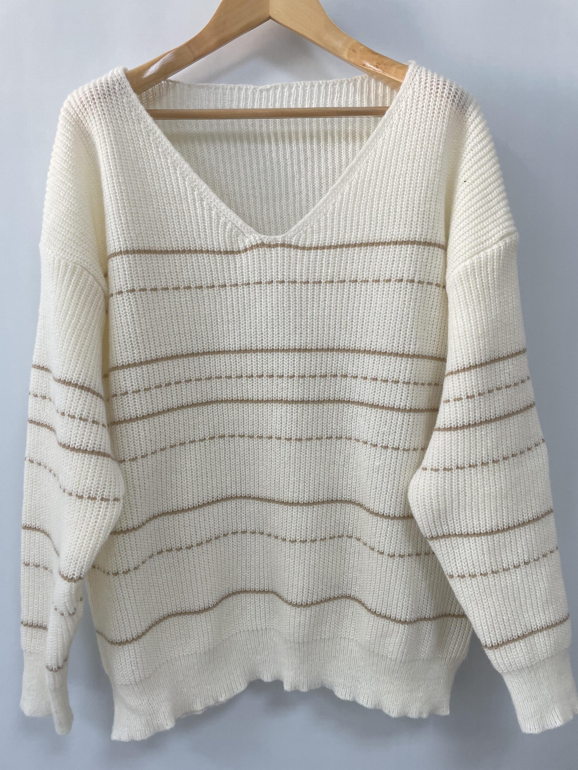  Casual Stripe Print V Neck Sweater