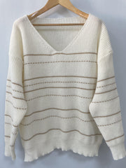  Casual Stripe Print V Neck Sweater